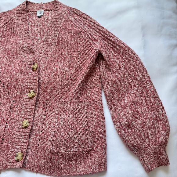 CABI CHUNKY CABLE KNIT GRANDMA CORE BUTTON DOWN CARDIGAN RED CREAM V NECK MEDIUM - Picture 9 of 12